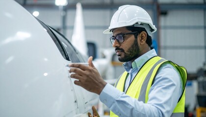 Aviation professional inspecting an aircraft. The engineer, wearing a hard hat and safety vest, is carefully examining the plane