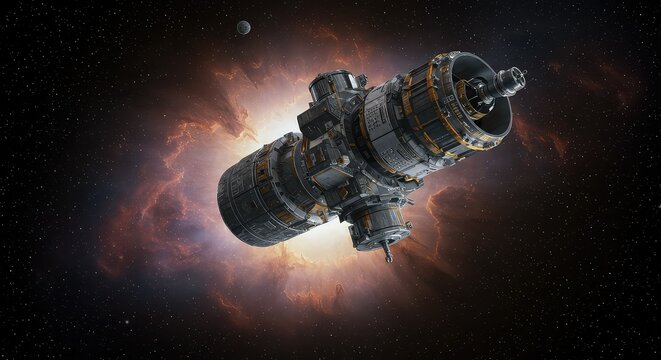 Futuristic space station drifting through the cosmos with vibrant nebula and distant planet, perfect for sci-fi concepts and astronomical themes