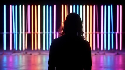 The silhouette of a person standing in front of a vibrant wall of vertical orange and blue neon light tubes in a dark room. - Powered by Adobe