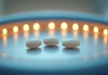 Soft White Pills on a Smooth Surface with Blurred Lights Background