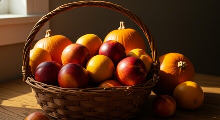 Autumn Harvest:  Sunlit Basket of Nectarines Pumpkins and Lemons