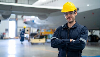 Aviation engineer posing confidently in a hangar, aircraft behind him, ready for work