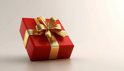 Obraz premium Elegant Red Gift Box with Golden Bow on Soft Neutral Background