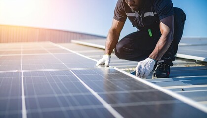 An electrician installing solar panels under the bright sun, representing renewable energy and environmental protection.