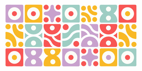 Abstract geometric pattern with circles squares and lines in pastel colors