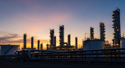 Fototapeta premium Industrial Refinery at Sunset with Illuminated Towers.