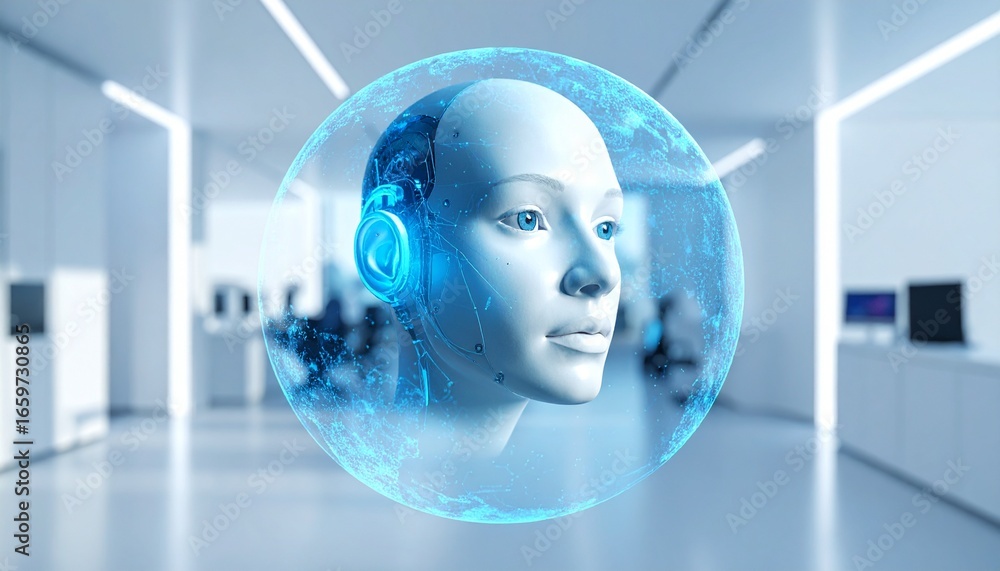 Poster an ai robot head with advanced tech inside, futuristic concept. the ai robot is housed within a tran