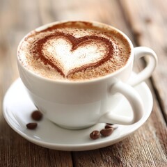Romantic cappuccino coffee drink heart design wooden table