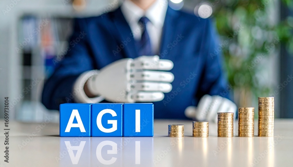Poster agi in focus, next to stack of coin with a person in the background