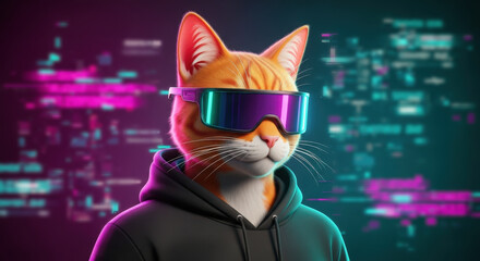 Neon cat in digital glitch, featuring orange tabby cat wearing futuristic visor glasses and hoodie against glitch background. Neon cat in digital glitch creates a cyberpunk atmosphere,