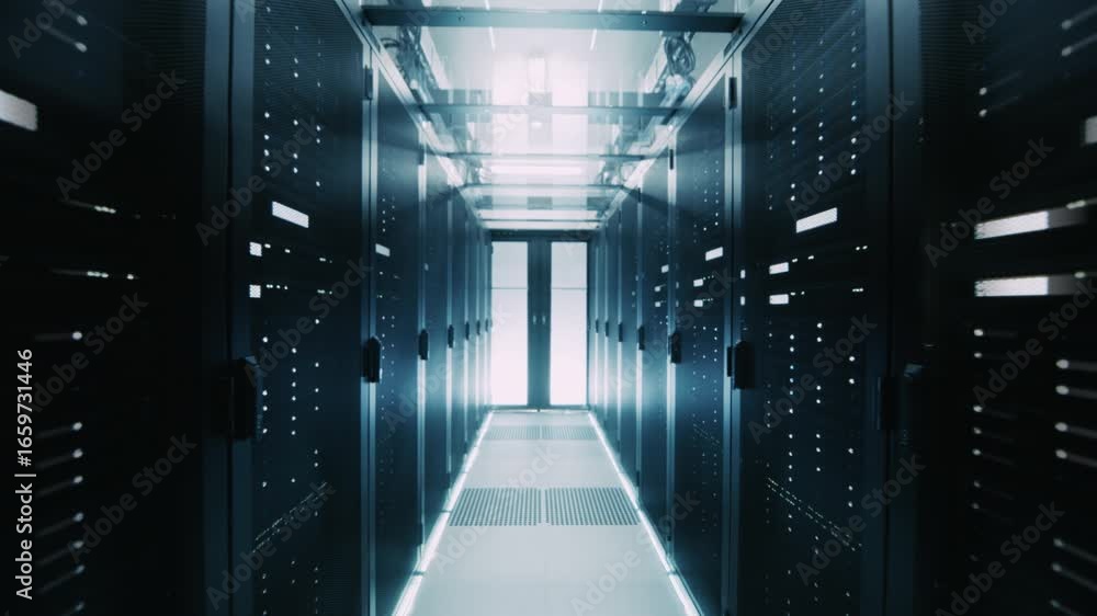 Poster ai-driven data center with active server racks. powering machine learning, cloud infrastructure, rea