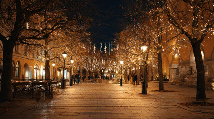 Enjoy a cozy evening walk down this beautiful Christmas-lit street in the city