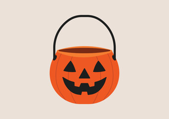 Naklejka na ściany i meble Orange pumpkin bucket with jack o lantern face, black handle, used for trick or treat candy collection on Halloween night. Flat vector illustration