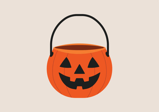 Orange pumpkin bucket with jack o lantern face, black handle, used for trick or treat candy collection on Halloween night. Flat vector illustration