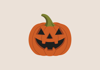 Carved pumpkin with jack o lantern face, green stem, smiling spooky expression, traditional symbol for Halloween night celebration. Flat vector illustration