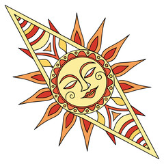 Vector art of stylized sun with a face framed by a triangle, a vibrant and unique design for creative projects