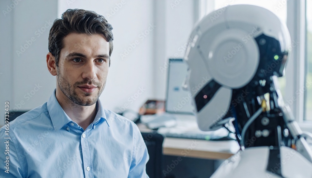 Poster man and robot interaction, concept of the future. a man is looking directly at a robot, exploring te