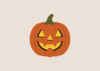 Carved pumpkin with glowing jack o lantern face and green stem, smiling expression as traditional symbol for Halloween night celebration. Flat vector illustration