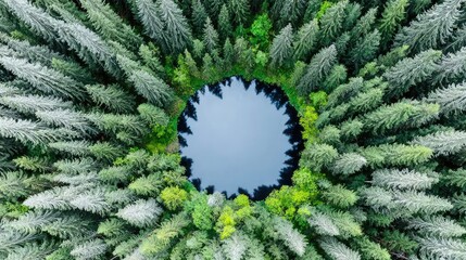 Circular clearing in a pine forest seen from the sky, symmetry in nature, contrast between open field and dense trees 