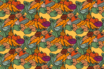 Botanical colorful vegetables seamless pattern vector illustration. Repeating cartoon different veggies with Cabbage Carrot Pepper Onion Potato Tomato in yellow background. Graphic design for Cover