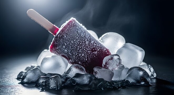 Dramatic Frosty Red Popsicle on Ice Cubes with Ethereal Mist