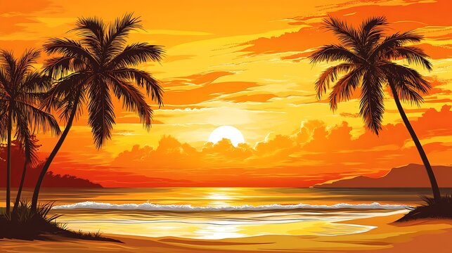 A vintage-inspired beach scene featuring palm trees by the shore, glowing under the warm orange and pink sunset sky.