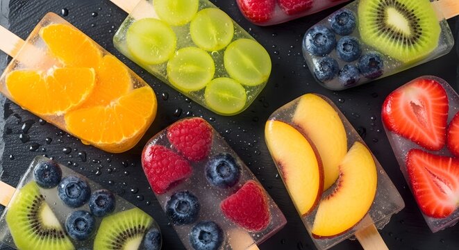 Colorful Assortment of Fresh Fruit Popsicles on Dark Background