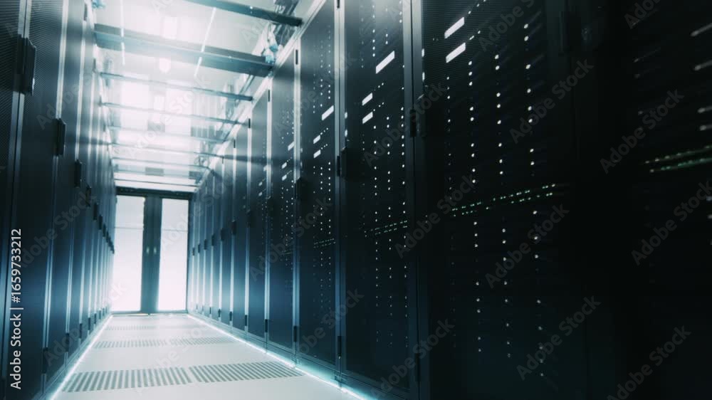 Poster moving shot through a modern data center server room with rows of server racks, led lights. no peopl