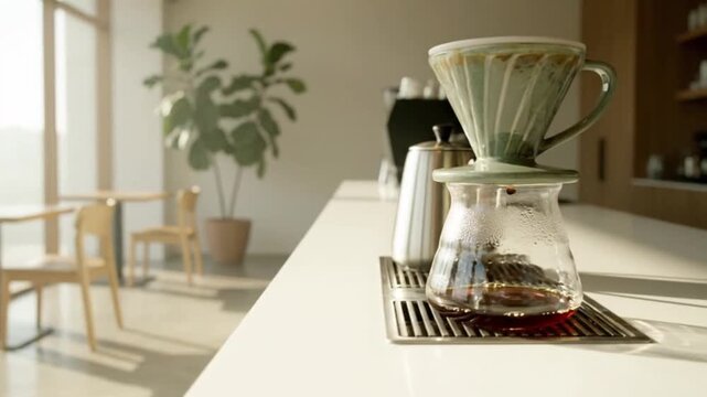 A modern pour-over coffee station with a ceramic dripper and a glass carafe in a bright, minimalist kitchen or cafe.