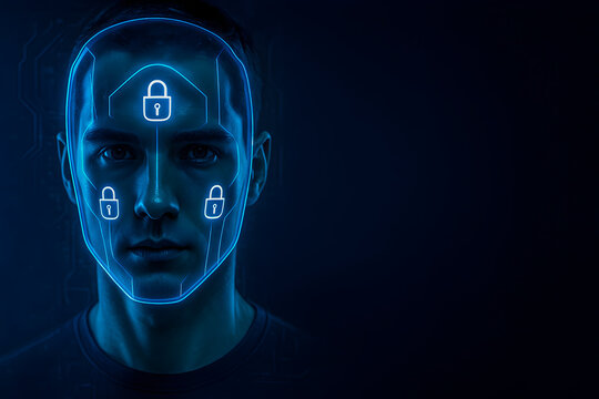 Facial recognition security HUD with lock icons on male face