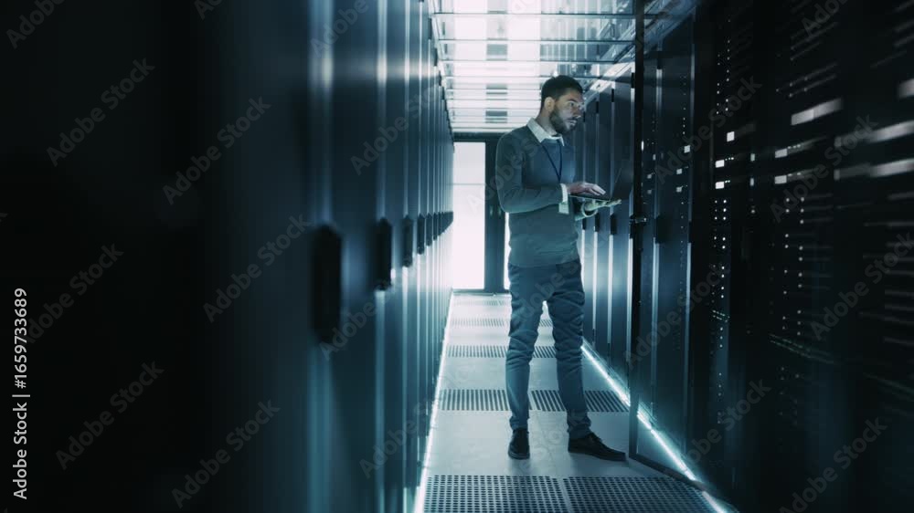 Poster it engineers work on laptops a data center server room. rows of server racks. advanced infrastructur