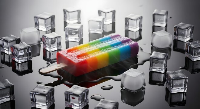 Rainbow Popsicle Melting on a Dark Surface Surrounded by Ice Cubes