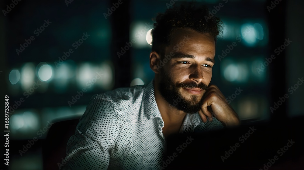 Poster focused business professional reviewing data on a large computer monitor