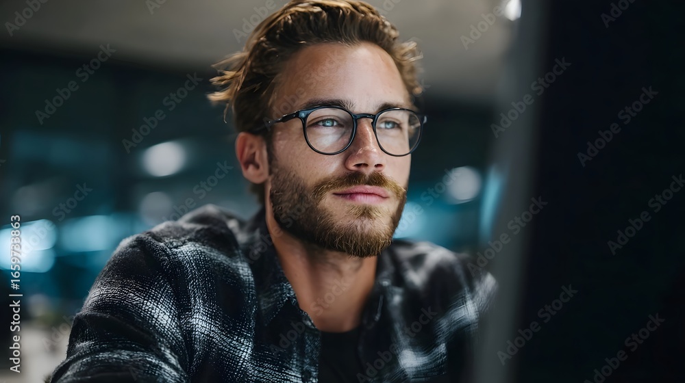 Poster manager reviewing tasks on a large computer monitor