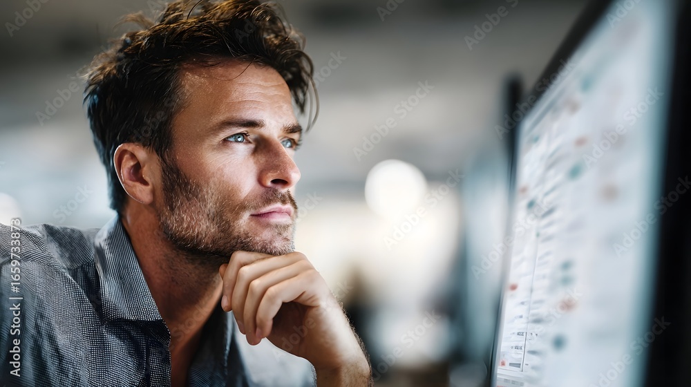 Aufkleber focused businessman examining data on a large computer monitor