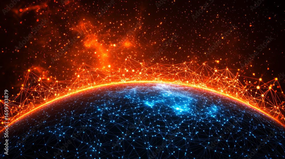 Poster vibrant digital world map showcases glowing network of interconnected lines and nodes, illuminated n
