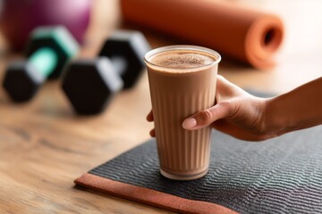 Obraz premium Koktajl proteinowy po treningu na macie fitness