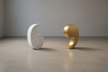 Minimalist 3D render of quotation mark symbols crafted from white marble and polished gold metal. Contemporary editorial or design concept on clean neutral background. 