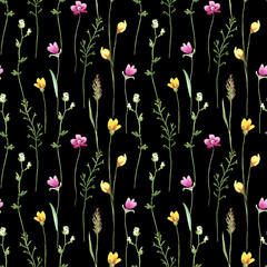 Seamless floral pattern with watercolor wild flowers