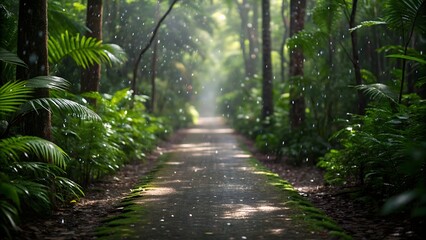 Fototapeta premium A Sun-Dappled Path in a Rainy Tropical Forest 