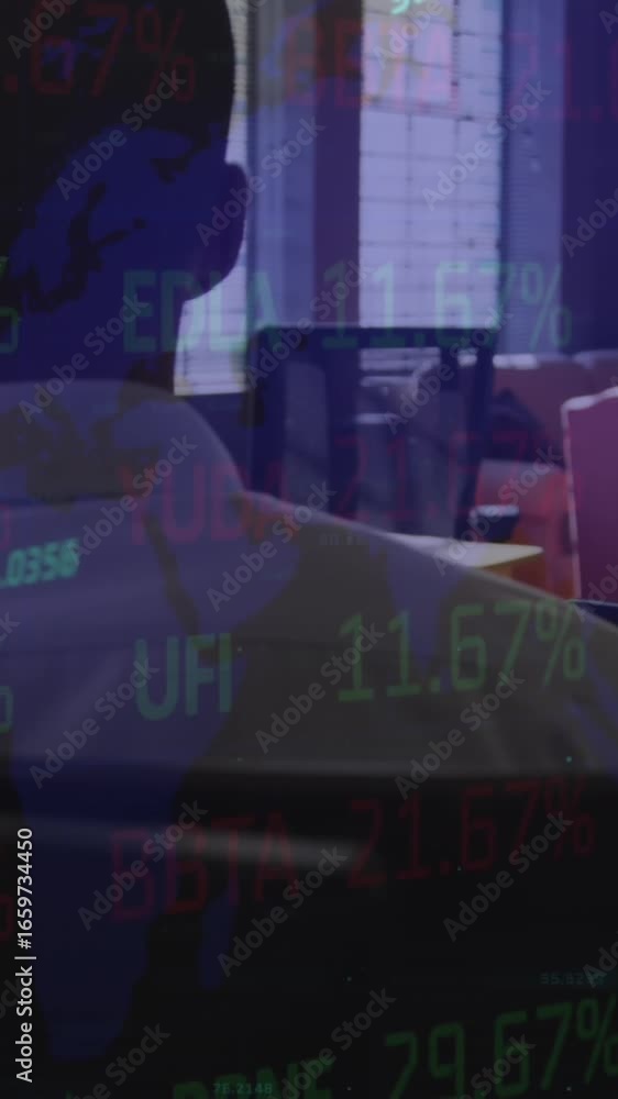 Poster animation of stock market data processing over rear view of man talking on smartphone at office