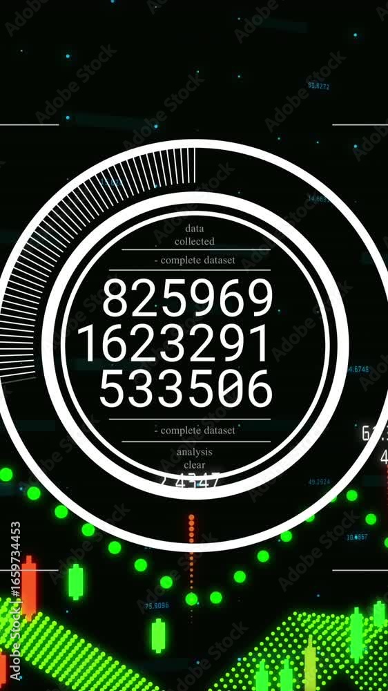 Aufkleber animation of changing numbers in loading circle over graphs and digits on black background
