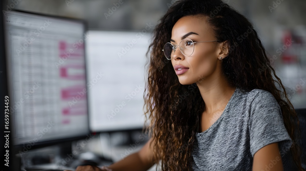 Poster woman intently using project dashboard on computer screen