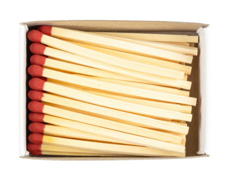 Wooden matchbox with red-tipped matches PNG