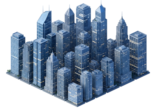 Isometric Cityscape: Illuminated Skyscrapers and Urban Buildings at Night
