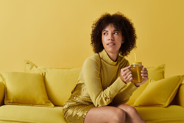 Curly-haired woman enjoys a refreshing drink in a vibrant yellow studio setting