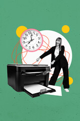 Composite image montage trend artwork 3D collage of young lady dance success printer device clock...