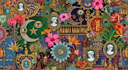 Vibrant Eclectic Luxe Maximalism Illustrative Mixed Media Seamless Pattern Design