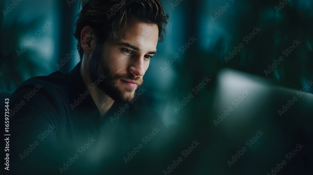 Poster a focused manager handling emails in a quiet office setting