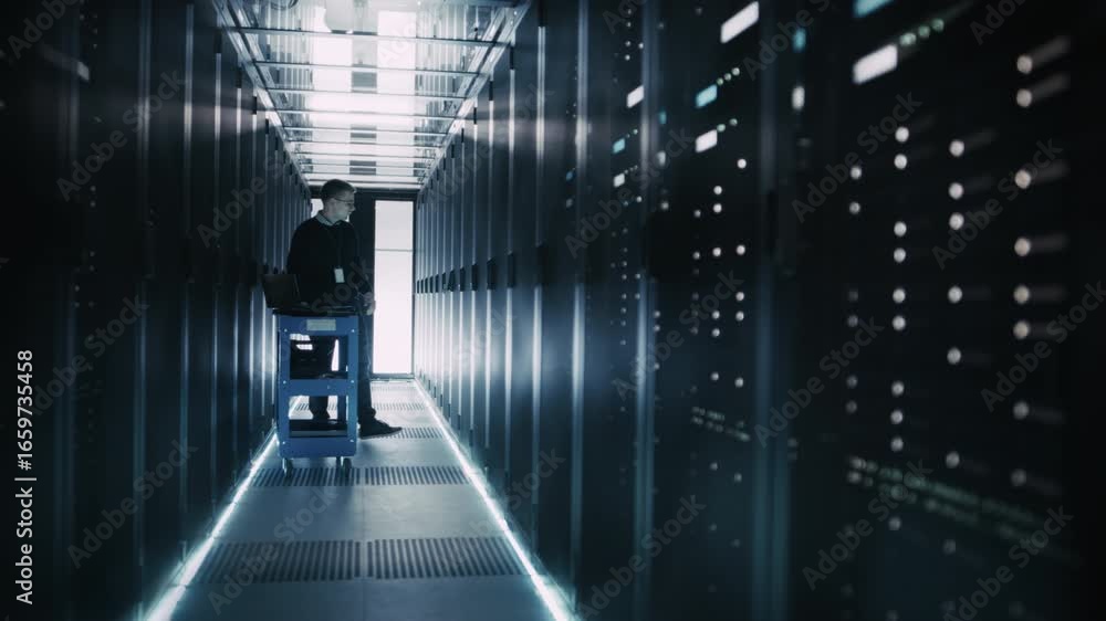 Poster it technician uses a laptop on a rolling cart while inspecting server racks in data center, network 